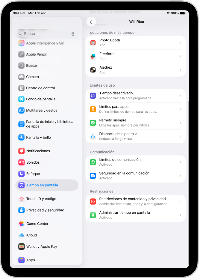 La pantalla de un menor de edad en un grupo de Compartir en familia que muestra la sección Solicitudes de más tiempo.