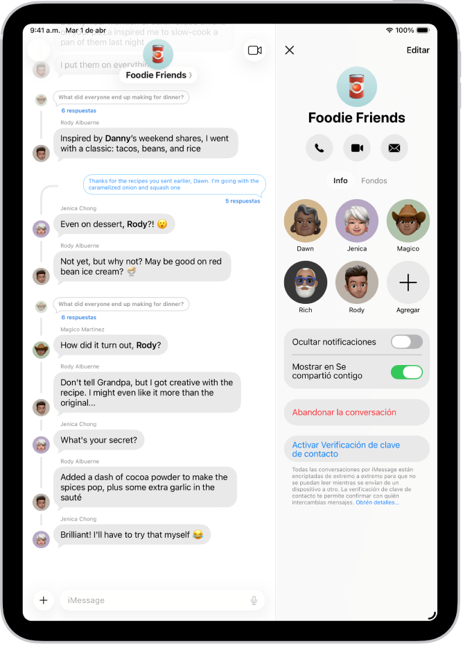 Una conversación grupal en la app Mensajes a la izquierda, con los detalles del grupo a la derecha.