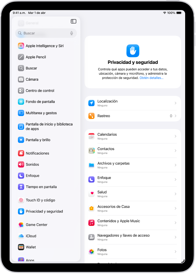 La pantalla Privacidad y seguridad, con la configuración de Localización y rastreo, y la configuración para controlar qué apps pueden tener acceso a tu información.