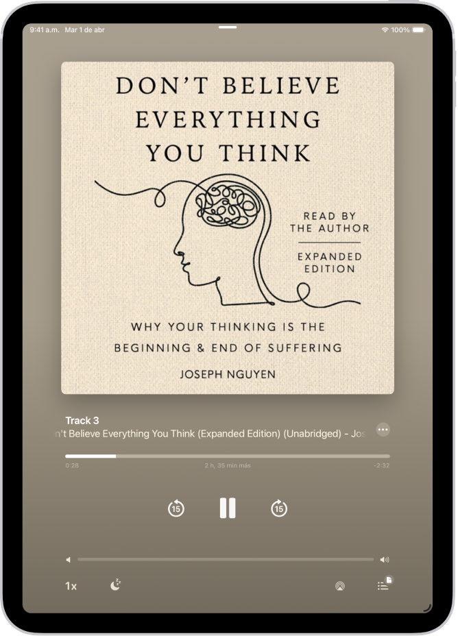 La pantalla del reproductor de audiolibros muestra, de arriba a abajo, la portada del audiolibro, el nombre de la sección que se está reproduciendo, el cabezal de reproducción, el botón de pausa y los botones de avance y retroceso. En la parte inferior está el regulador de volumen y, debajo de este, los botones para controlar la velocidad de reproducción, establecer un temporizador de reposo, elegir un destino de reproducción y visualizar una lista de las pistas del libro.