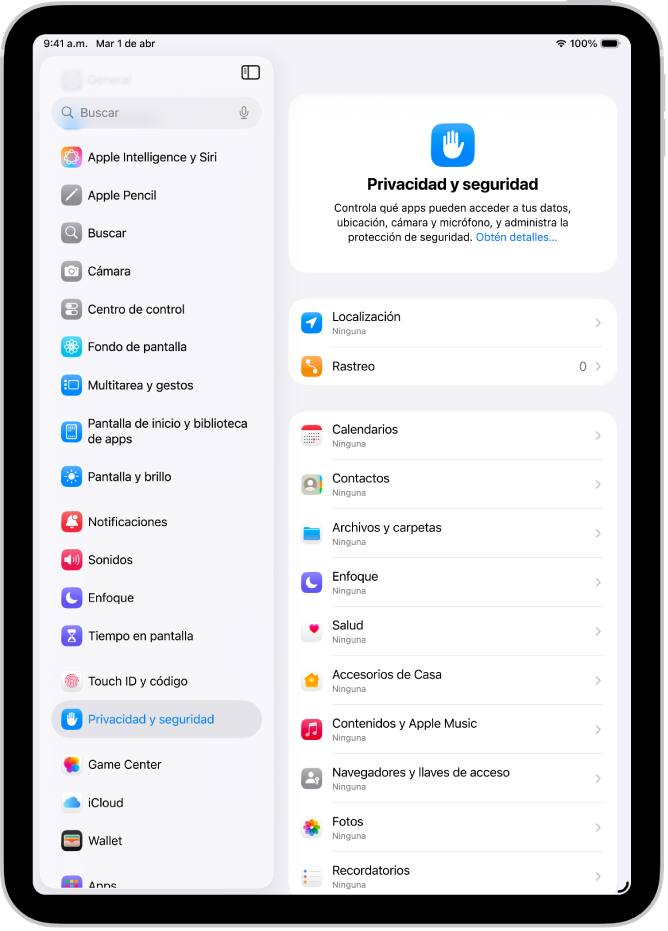 La configuración de la función Localización en la sección Privacidad y seguridad, con opciones para compartir la ubicación del iPad, incluyendo opciones personalizadas para apps específicas.
