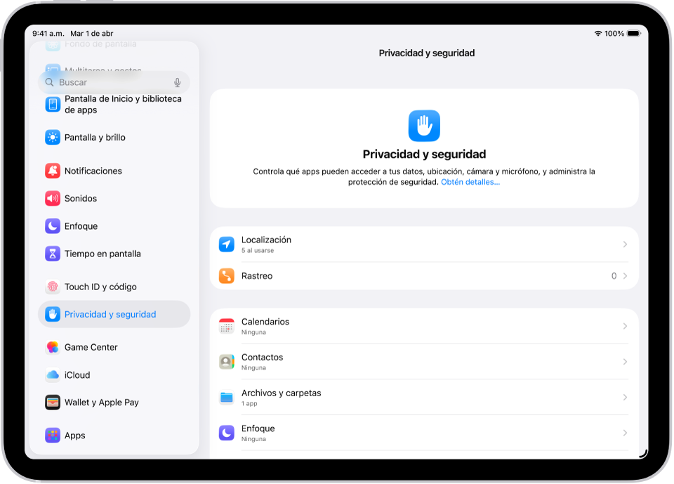 La pantalla Configuración muestra opciones de privacidad y seguridad, como Localización y Rastreo.