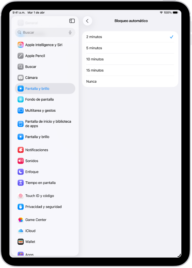 La pantalla Bloqueo automático con opciones para el tiempo que transcurre hasta que el iPad se bloquea automáticamente.