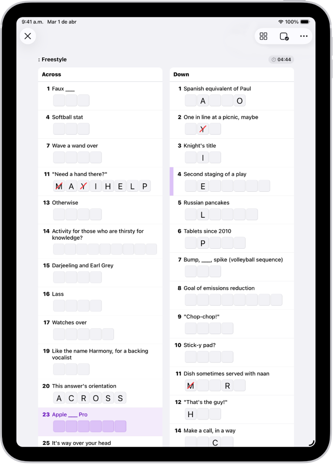 Un crucigrama parcialmente relleno en la visualización como lista.