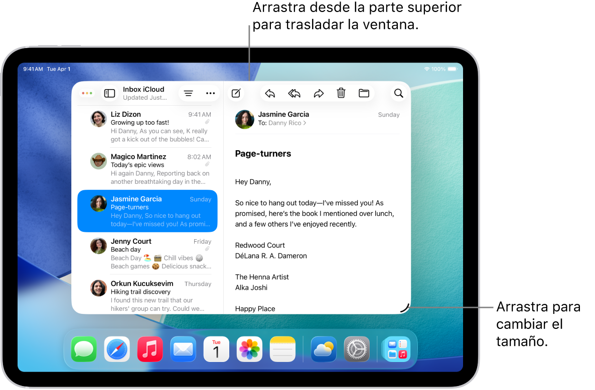 App con una ventana abierta en la pantalla del iPad con un tirador de redimensionamiento en la esquina inferior derecha y un menú de multitarea en la esquina superior izquierda.