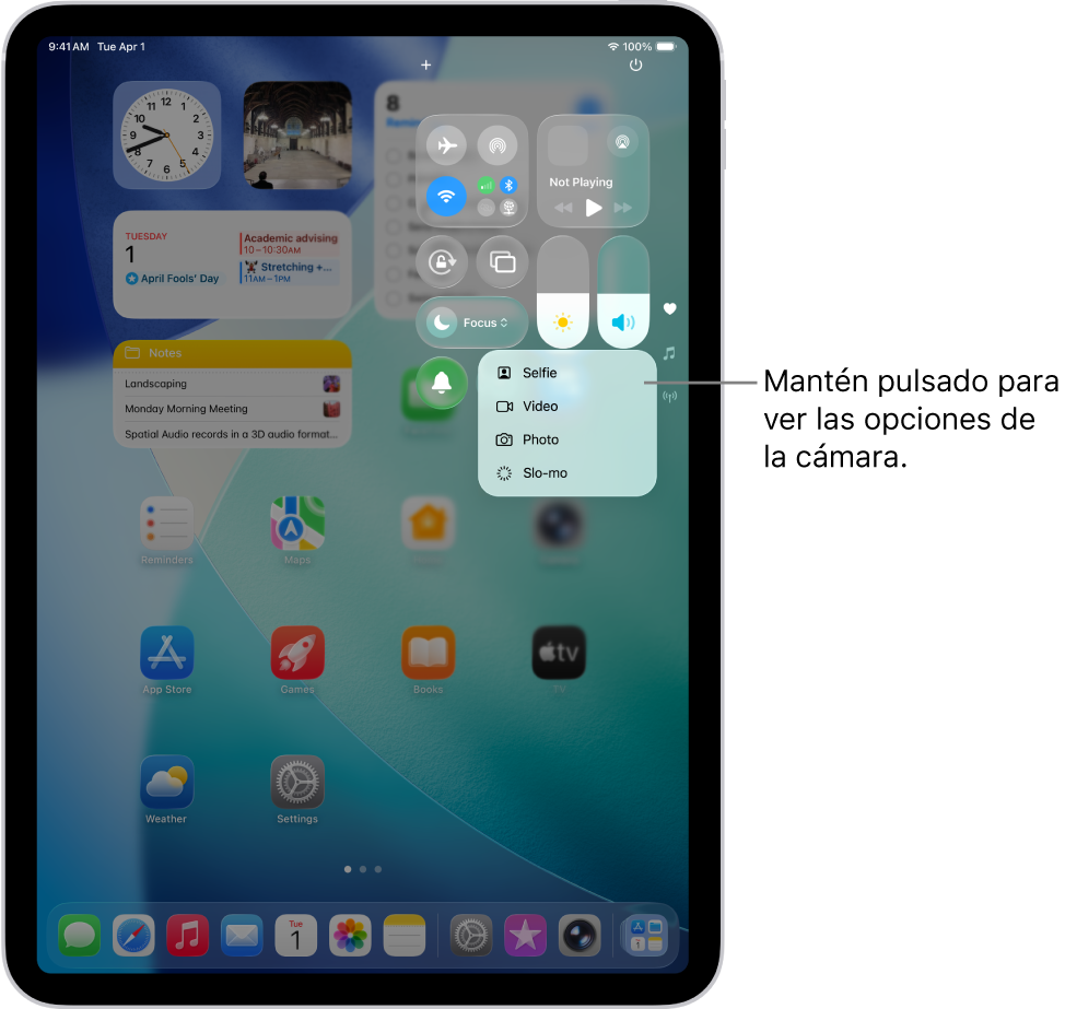 Pantalla que muestra las opciones adicionales de Cámara disponibles en el centro de control al mantener pulsado el control de la cámara. Las opciones son Selfie, Vídeo, Foto y “Cámara lenta”.