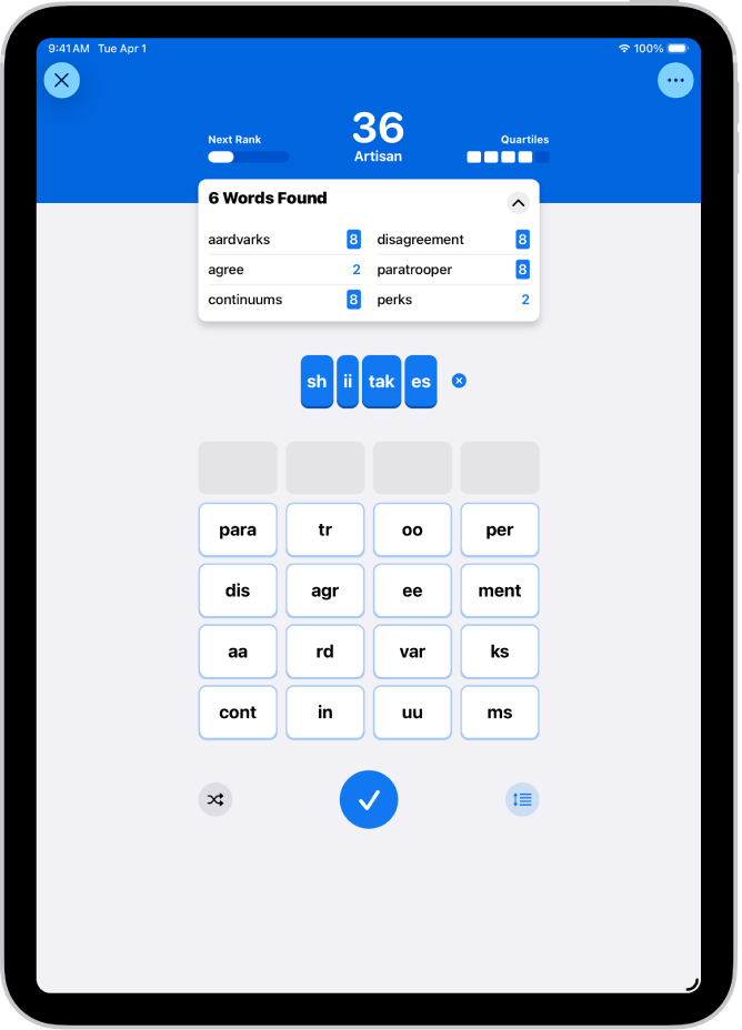 Un pasatiempo Quartiles de la app News.