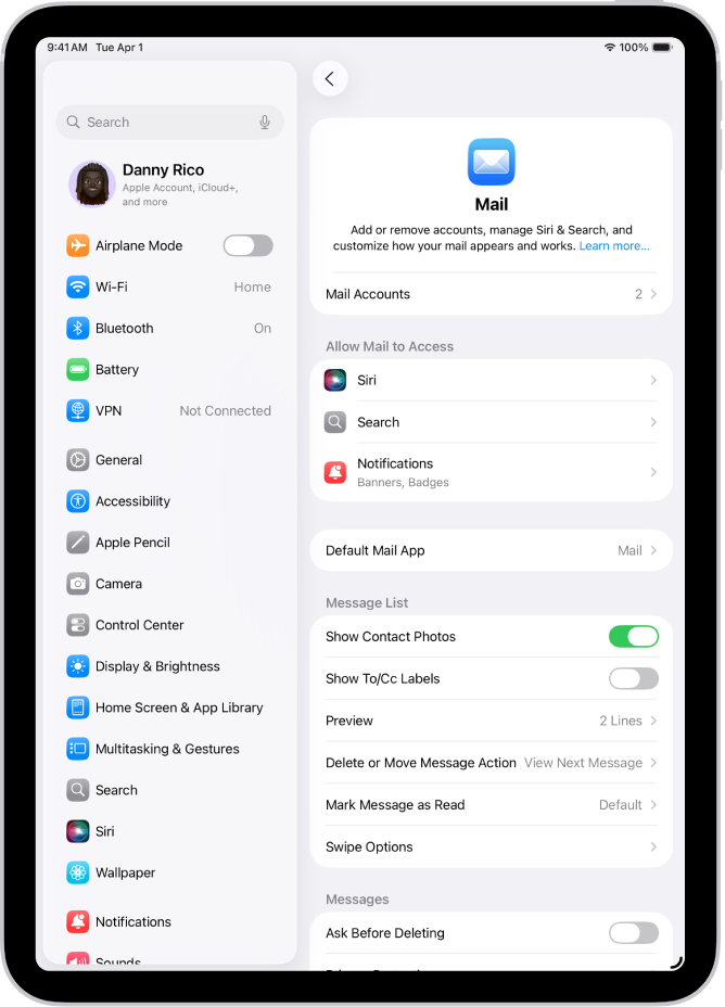 Pantalla de ajustes de la app Mail.