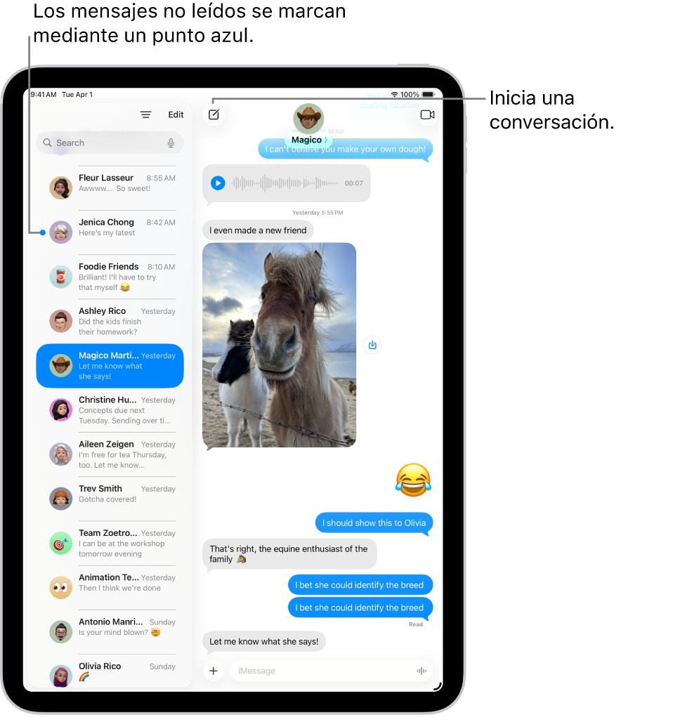 Lista de conversaciones en la app Mensajes a la izquierda y la transcripción de una conversación a la derecha. Hay un mensaje no leído marcado con un punto azul.