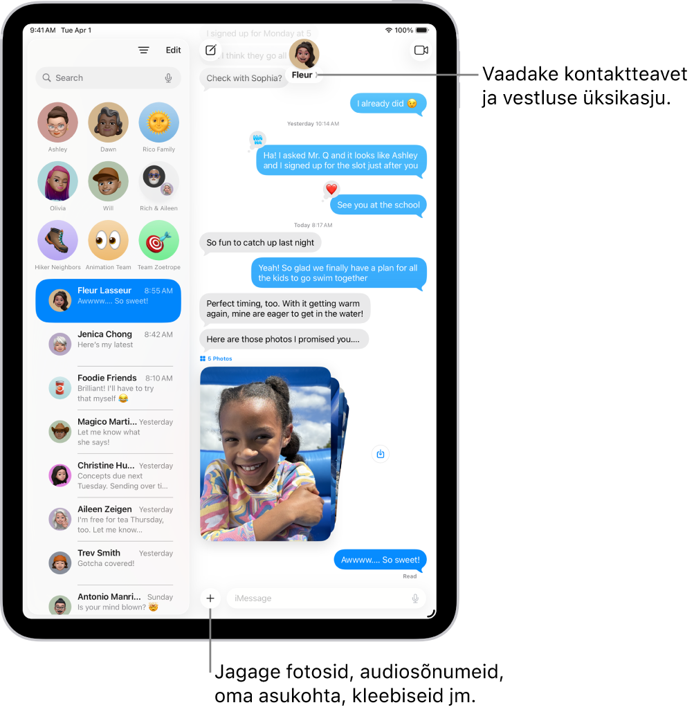Rakenduse Messages vestlusloendit kuvatakse vasakul ning vestluse transkriptsiooni paremal. Ülaosas kontaktiikoonil puudutamisel avatakse vestluse üksikasjad.