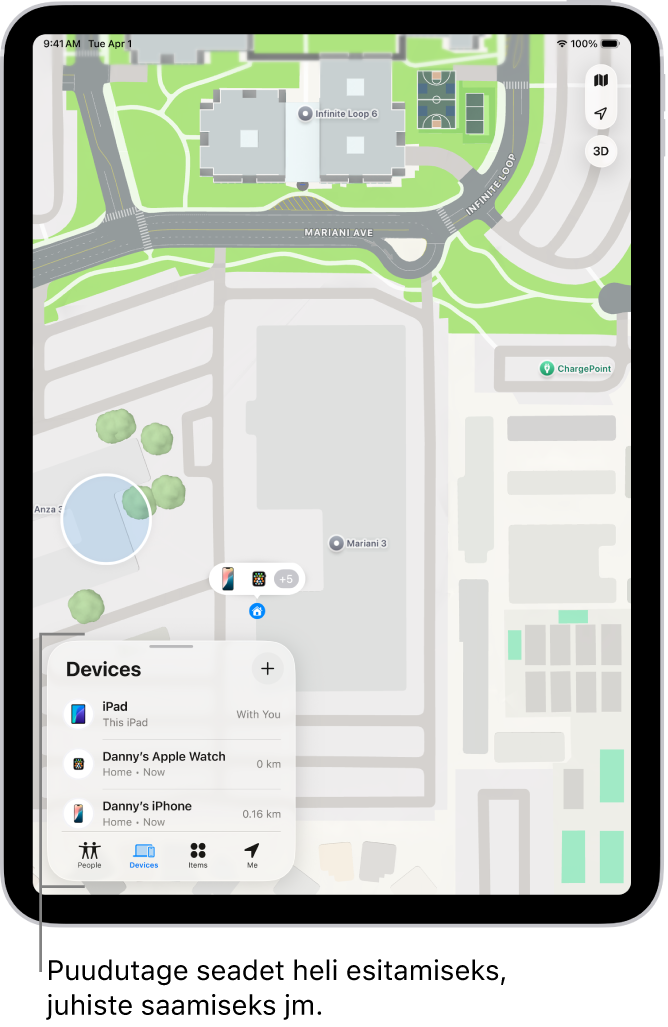 Kuvas Find My on avatud loend Devices. Loetletud seadmete hulgas on Danny’s iPad, Danny’s iPhone, Danny’s Apple Watch ja Danny’s AirPods Pro. Nende asukohti kuvatakse Santa Cruzi kaardil.