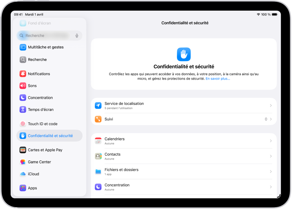 Un écran de Réglages affichant des options pour « Confidentialité et sécurité », comme « Service de localisation » et Suivi.
