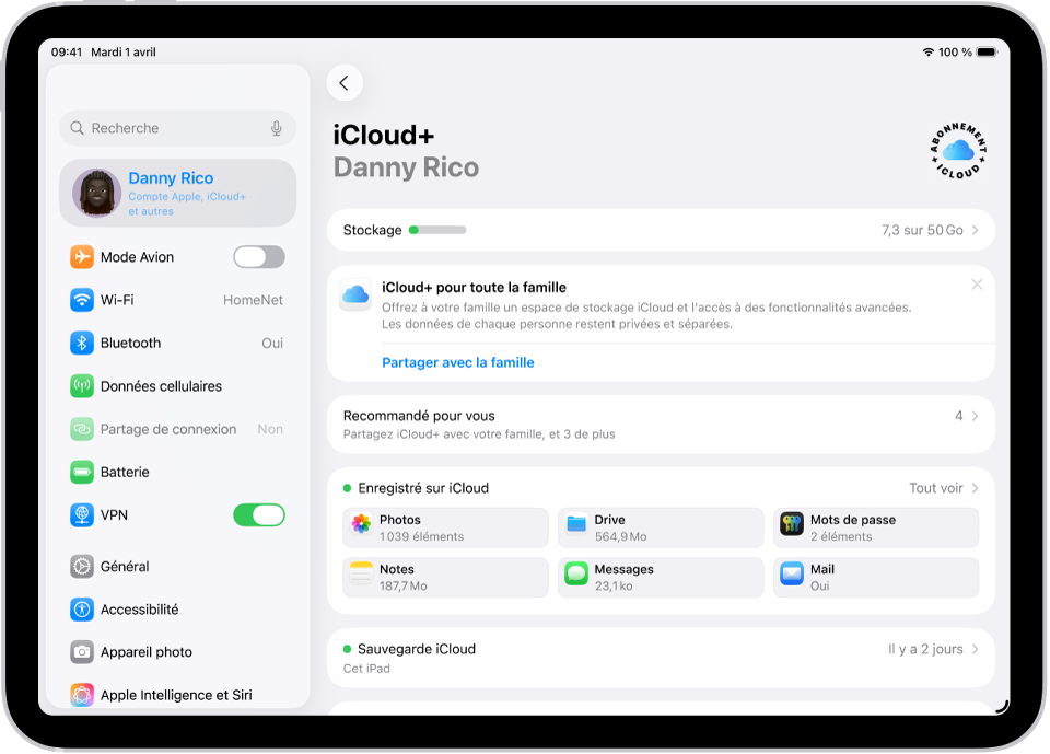 L’écran des réglages iCloud montrant l’indicateur d’espace de stockage d’iCloud et une liste d’apps et de fonctionnalités pouvant être utilisées avec iCloud, notamment Photos, iCloud Drive et Mail iCloud.