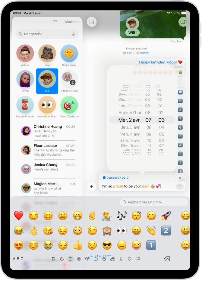 Une conversation Messages avec un message programmé pour être envoyé ultérieurement.