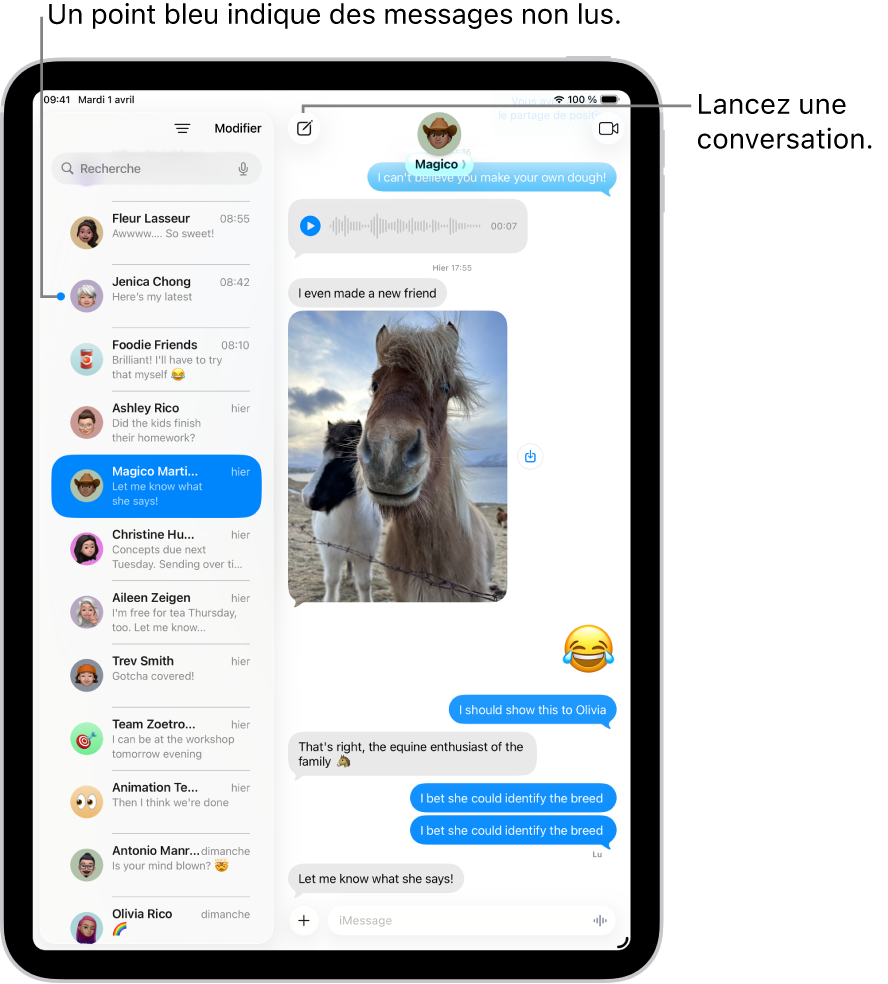 Une liste de conversations Messages sur la gauche et une transcription de conversation sur la droite. Un message non lu est indiqué par un point bleu.