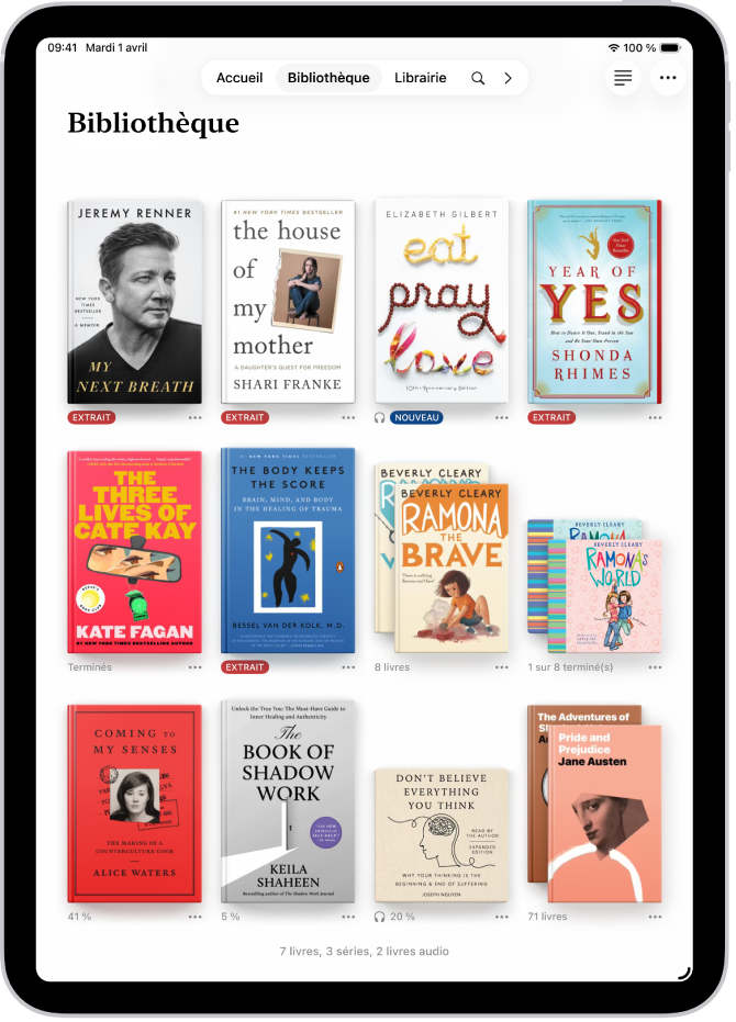 L’écran Bibliothèque dans l’app Livres.