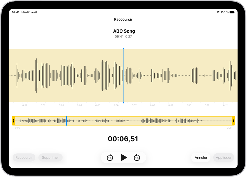 Un enregistrement est en cours de modification, avec les poignées d’élagage jaunes entourant une partie de la forme d’onde audio en bas de l’écran. À gauche des commandes de lecture se trouvent deux boutons : le bouton Raccourcir, qui permet de supprimer la partie de l’enregistrement située à l’extérieur des poignées, et le bouton Supprimer, qui permet de supprimer la partie de l’enregistrement située à l’extérieur des poignées.