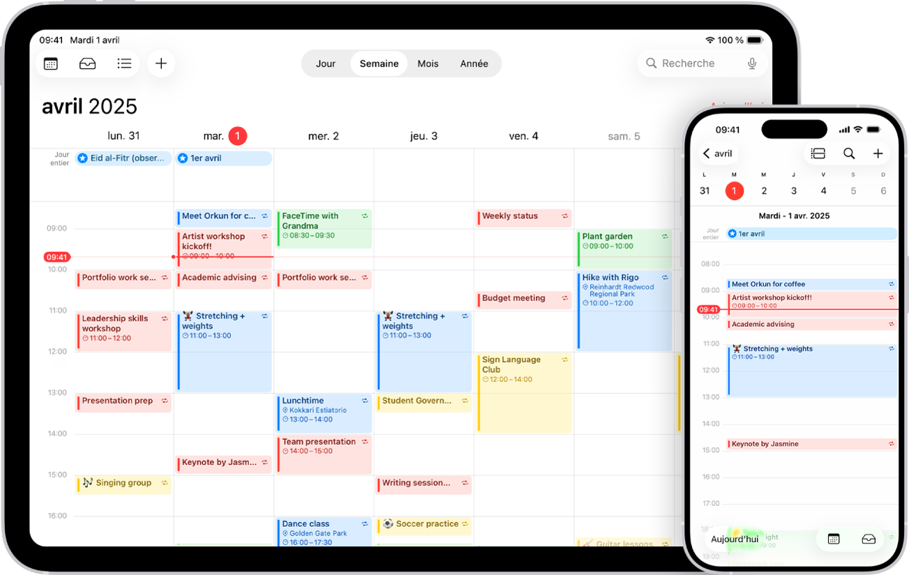 Un calendrier sur l’iPad dans la présentation Semaine, et le même calendrier sur l’iPhone dans la présentation Jour.