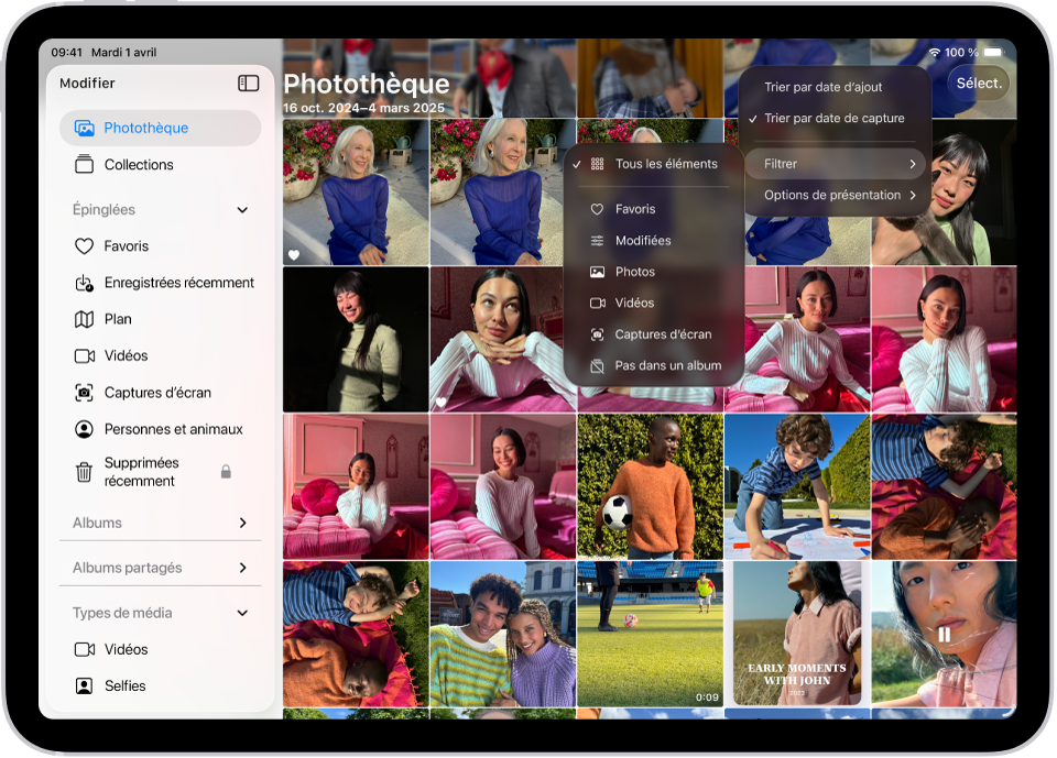 L’app Photos est ouverte et l’onglet Photothèque est sélectionné dans la barre latérale. Le bouton « Trier et filtrer » est sélectionné en haut de l’écran. Il affiche les options de tri et de filtre pour le contenu de la photothèque affiché.