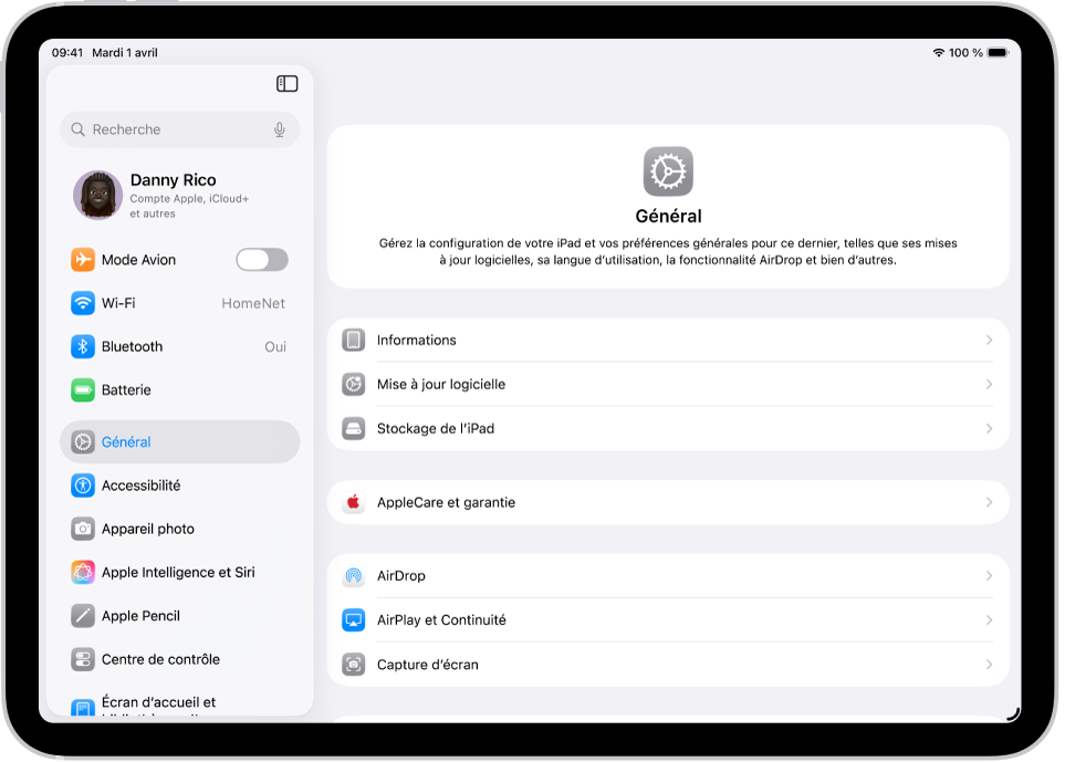 L’écran d’accueil de l’iPad avec plusieurs icônes d’app, notamment l’icône de l’app Réglages, que vous pouvez toucher pour modifier le volume, la luminosité de l’écran et d’autres réglages de votre iPad.