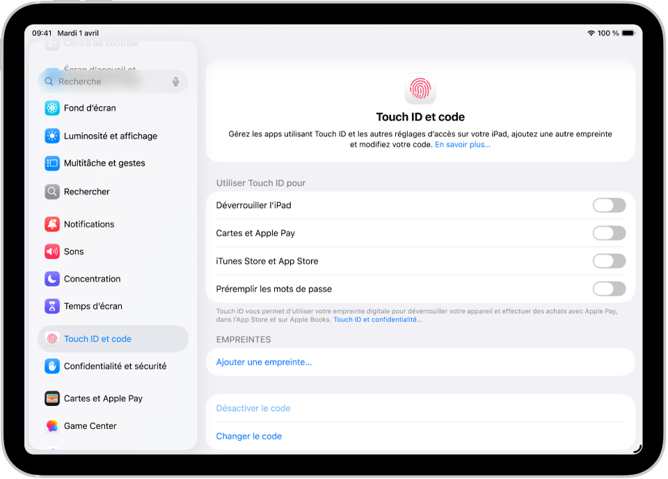 Écran affichant les réglages de Touch ID et code, avec des options permettant d’ajouter une empreinte et d’activer le code.