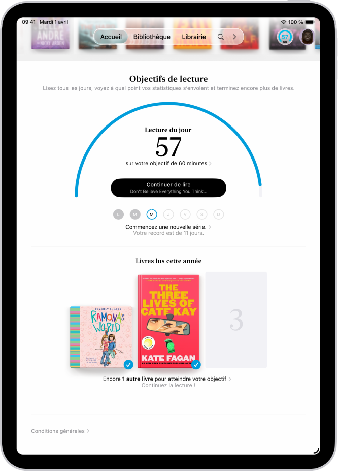 L’écran « Objectifs de lecture » affiche les statistiques de l’utilisateur, telles que la lecture du jour, son historique de lecture pour la semaine et les livres lus cette année.