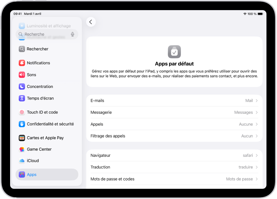 L’écran permettant de modifier vos apps par défaut pour envoyer des e-mails, surfer sur le Web et plus encore.