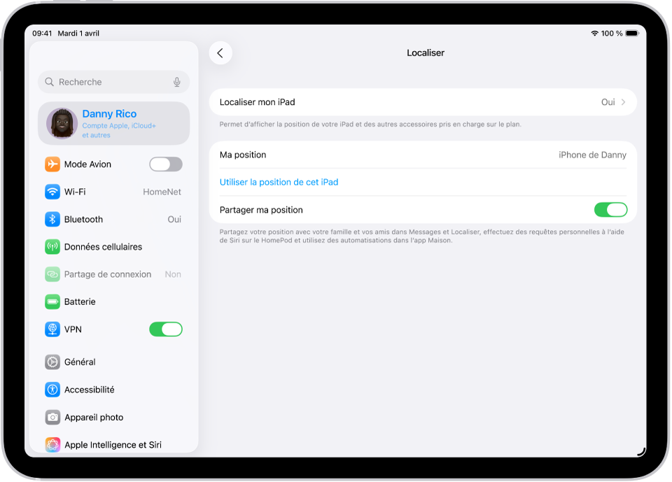 Écran affichant les réglages de l’app Localiser, avec des options permettant d’activer « Localiser mon iPad » et « Partager ma position ».