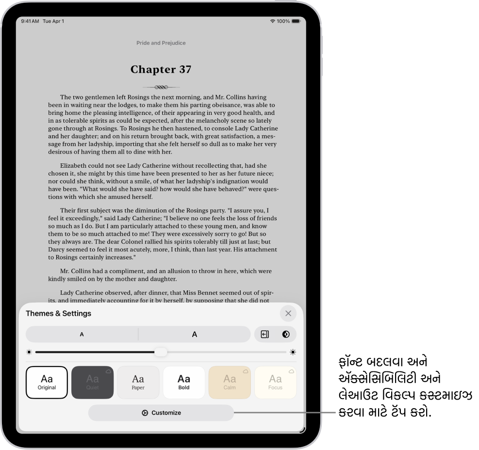 પુસ્તક ઍપમાં પુસ્તકનું પેજ. થીમ અને સેટિંગ્સ વિકલ્પ ફૉન્ટ સાઇઝ, સ્ક્રોલિંગ વ્યૂ, પેજ પલટવાની શૈલી, બ્રાઇટનેસ અને ફૉન્ટ સ્ટાઇલ માટે કંટ્રોલ બતાવે છે.