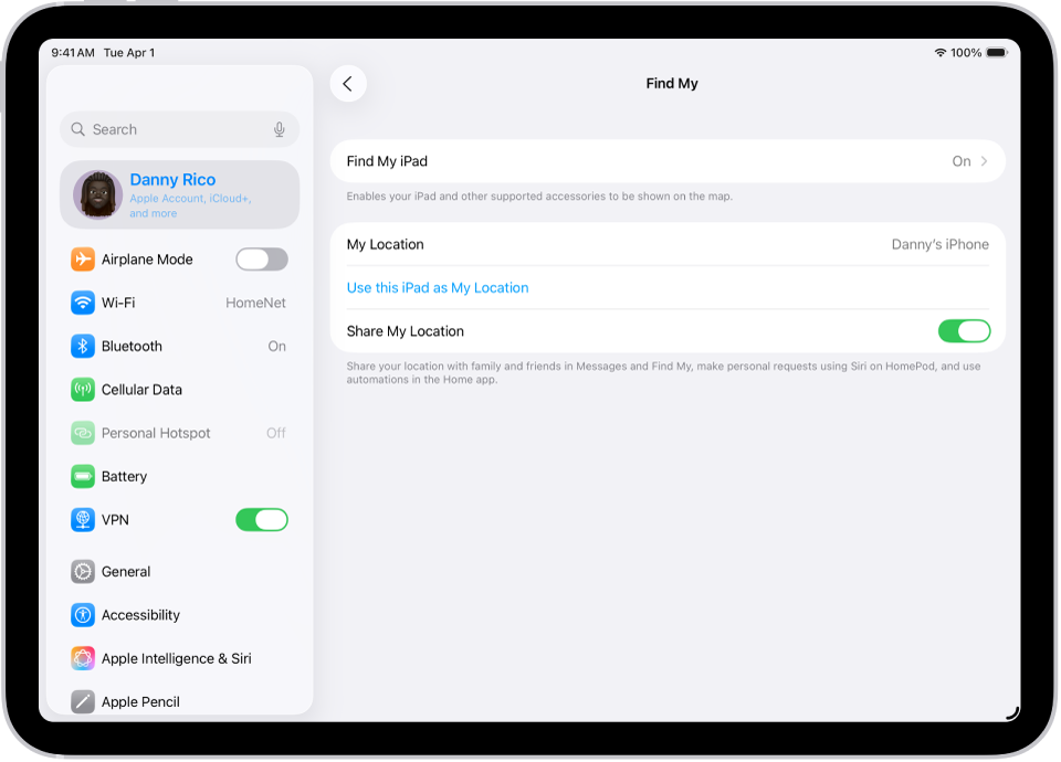 स्क्रीन जिसमें Find My ऐप के लिए सेटिंग्ज़ प्रदर्शित हैं और मेरा iPad ढूँढें एवं मेरा स्थान शेयर करें चालू करने के लिए विकल्प हैं।