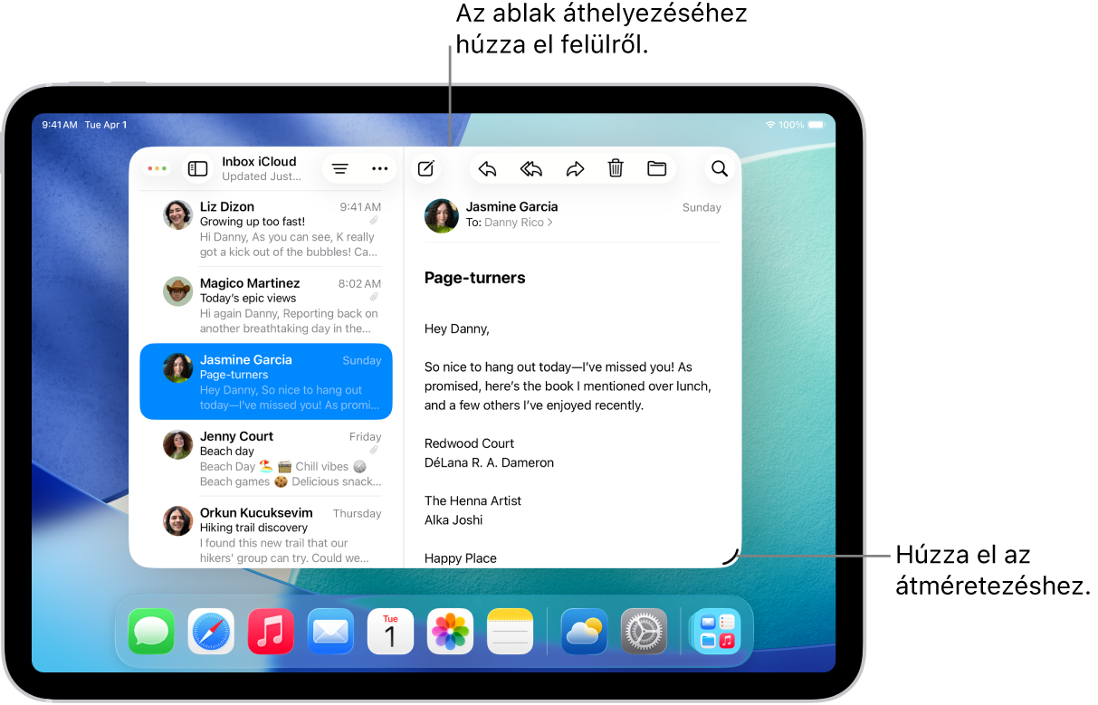 Egy ablakban futó app az iPad képernyőjén, amelynek jobb alsó sarkában egy átméretező fogantyú, míg a bal felső sarkában egy multitasking menü látható.