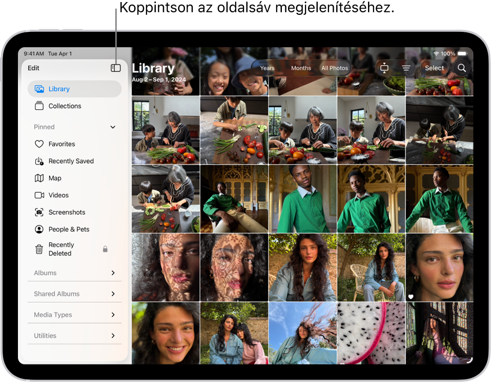 A megnyitott Fotók app az oldalsávon kijelölt Könyvtár lappal.