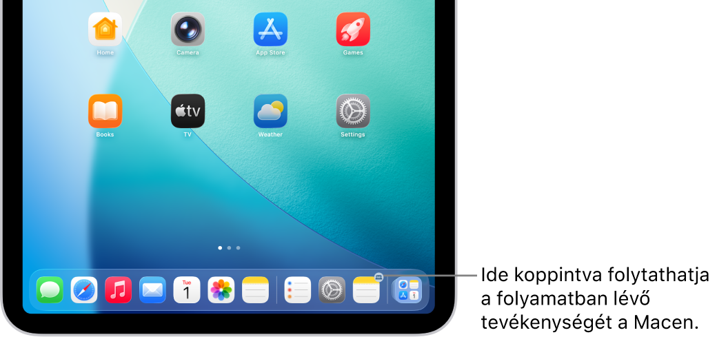Egy iPaden a Handoff ikonja látható az iPad Dockjának a területén.