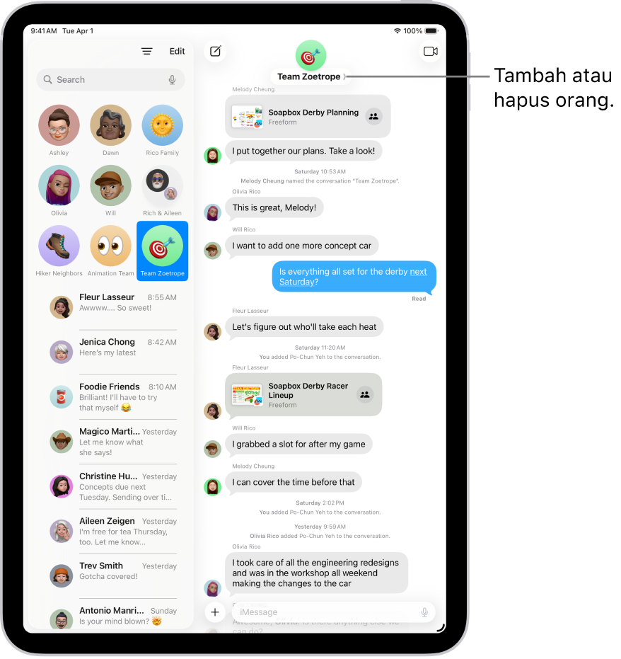 Percakapan grup di Pesan di iPad. Di sebelah kiri, percakapan yang dipin dipilih di daftar percakapan. Di sebelah kanan, ada transkrip percakapan yang menyertakan file bersama.