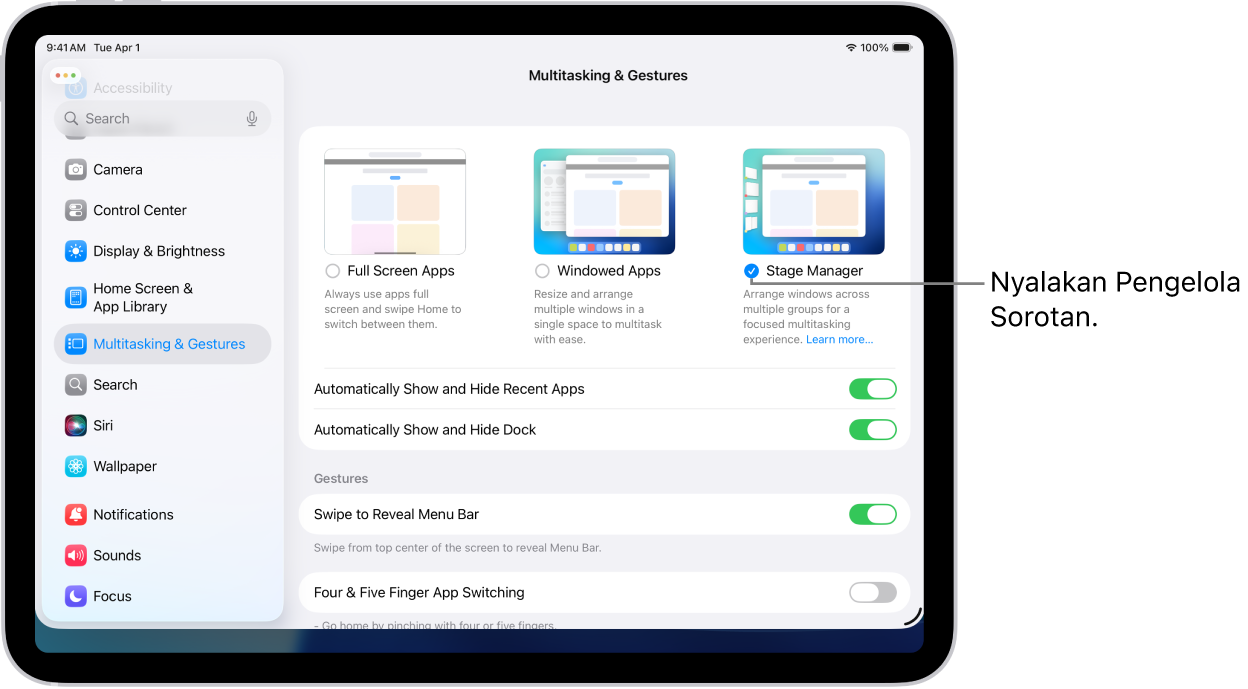 App Pengaturan iPad, yang menampilkan pilihan Multitugas & Gerakan yang dapat Anda pilih untuk mengerjakan beberapa app.