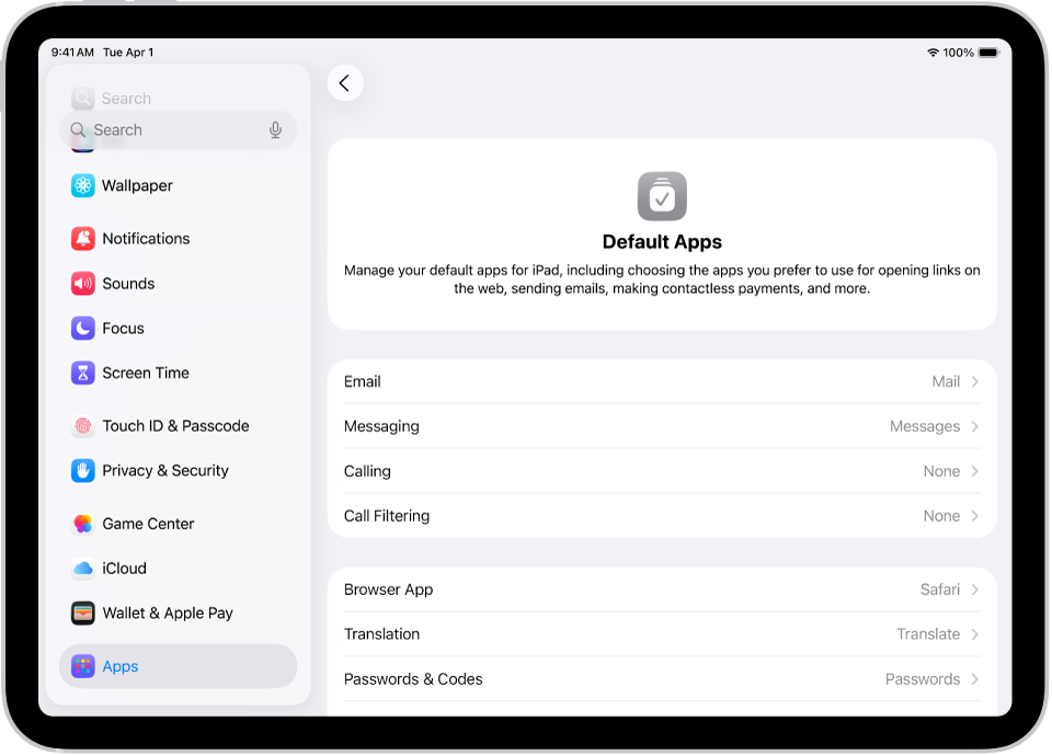 Layar untuk mengubah app default Anda untuk mengirim email, menelusuri web, dan lainnya.