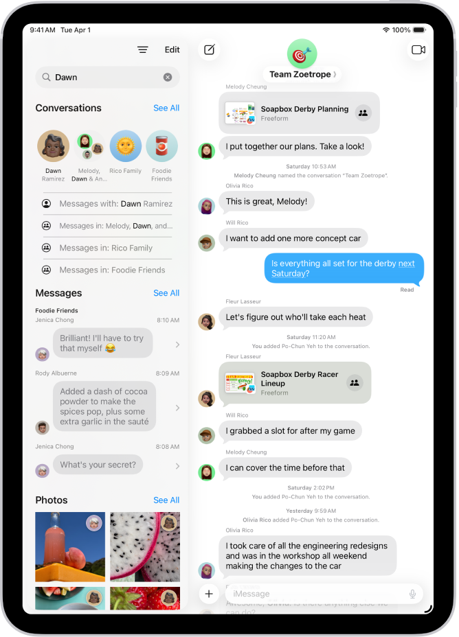 Bidang pencarian di app Pesan muncul di bagian atas layar. Bidang pencarian berisi nama orang, dan beberapa pilihan yang cocok dengan pencarian muncul di bawah.