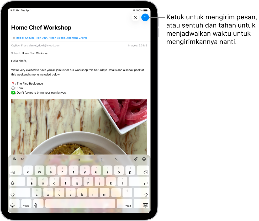 Draf email dibuka di app Mail. Tombol untuk mengirim pesan berada di pojok kanan atas. Ketuk untuk mengirim pesan, atau sentuh dan tahan untuk menjadwalkan waktu untuk mengirimnya nanti.