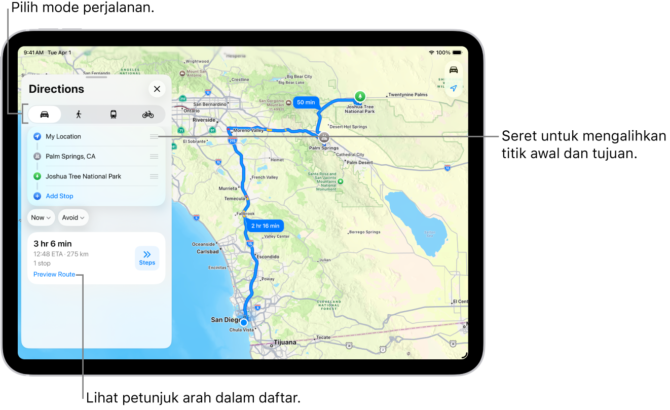 Peta dengan beberapa kemungkinan rute untuk petunjuk arah berkendara antara Lokasi Saya dan tujuan.