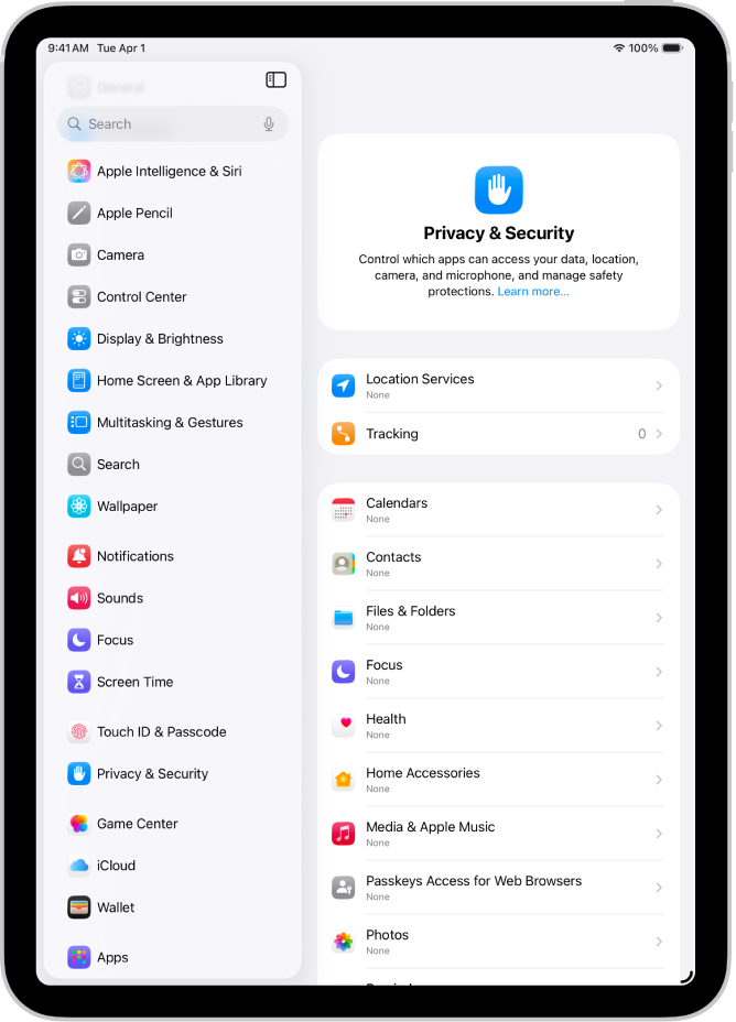 La schermata “Privacy e sicurezza” con le impostazioni per Localizzazione e Tracciamento, oltre alle opzioni per controllare le app che hanno accesso ai tuoi dati.