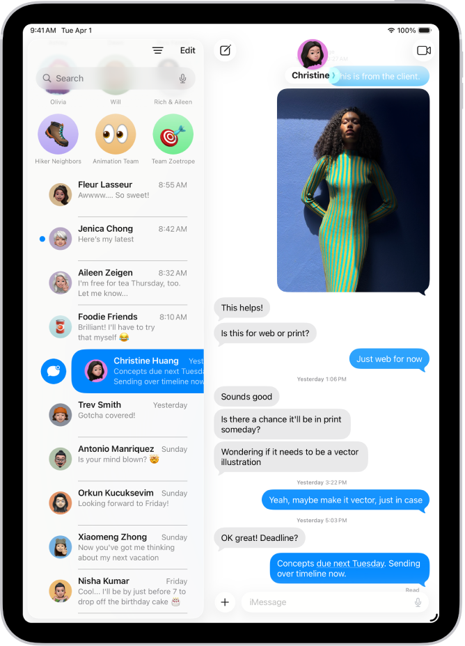 Un elenco di conversazioni di Messaggi con un messaggio non letto e un altro contrassegnato come non letto.