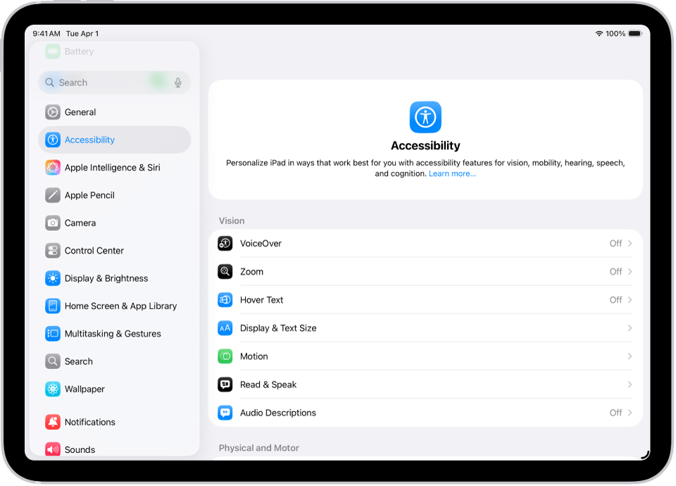 Una schermata di Impostazioni con le opzioni di Accessibilità come VoiceOver, “Descrizioni audio” e “Controllo interruttori”.
