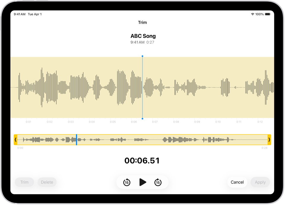 Una registrazione in fase di modifica, con una porzione della forma d’onda audio inclusa all’interno delle maniglie di ritaglio di colore giallo nella parte inferiore dello schermo. Sulla sinistra dei controlli di riproduzione sono presenti il pulsante Ritaglia per eliminare la parte della registrazione fuori della maniglie e il pulsante Elimina per eliminare la parte della registrazione all’interno delle maniglie.
