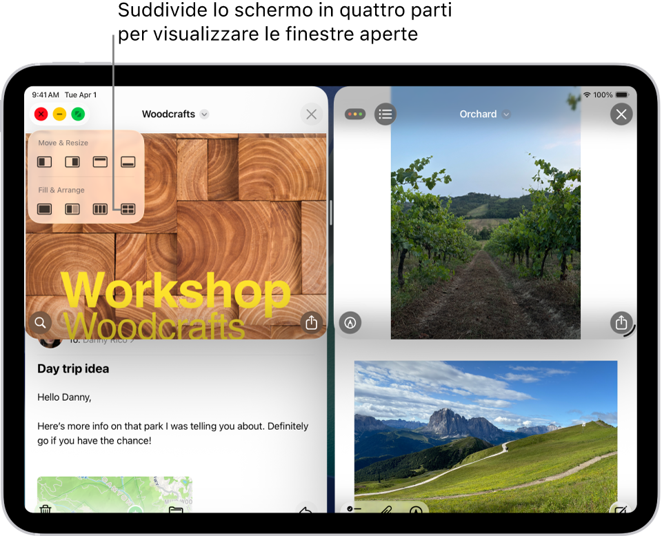 Un iPad con quattro app aperte e un layout finestra selezionato che consente di organizzare le finestre in quarti.