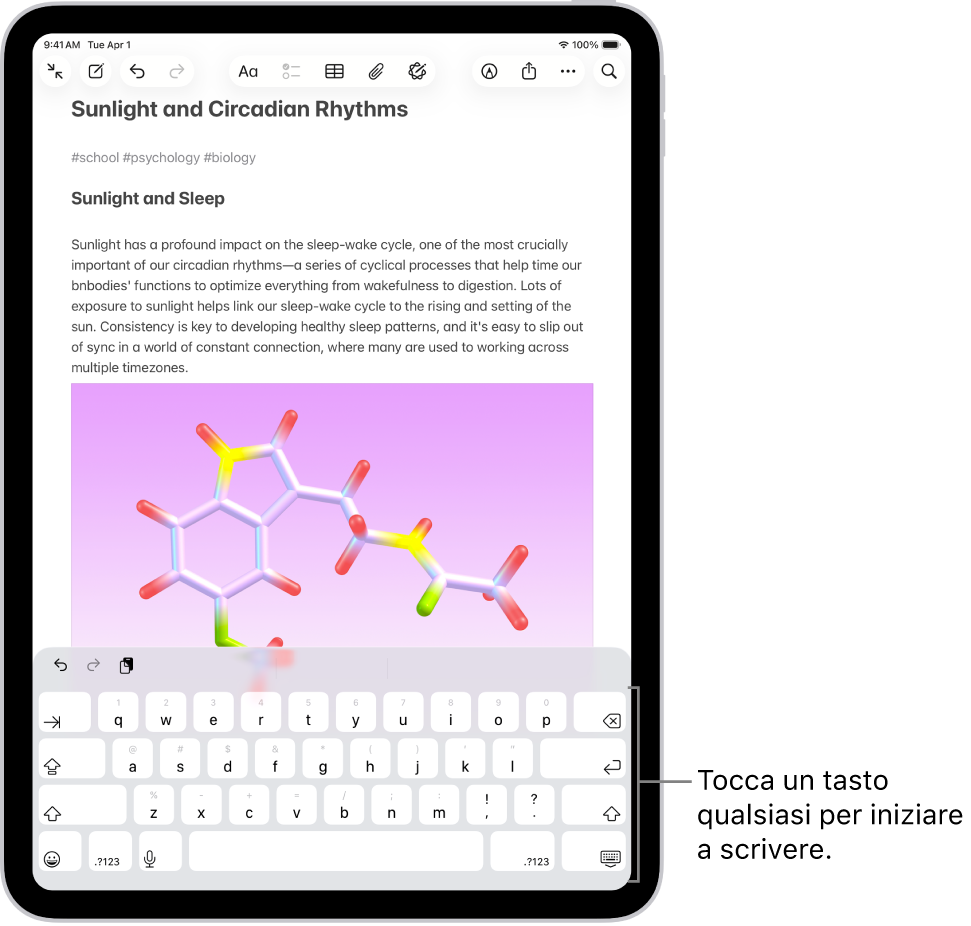 Nell’app Note è presente un documento aperto. Nella metà inferiore è presente la tastiera su schermo.