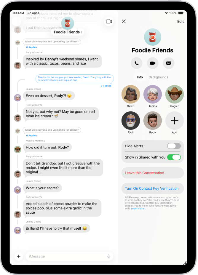 Una conversazione di gruppo in Messaggi a sinistra, con i dettagli della conversazione del gruppo a destra.