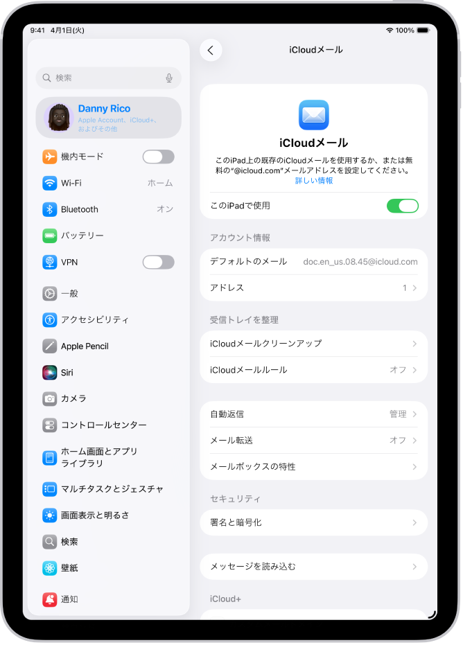 設定アプリが開いていて「iCloudメール」画面が表示されています。メニューの下には、「カスタムメールドメイン」が表示されています。