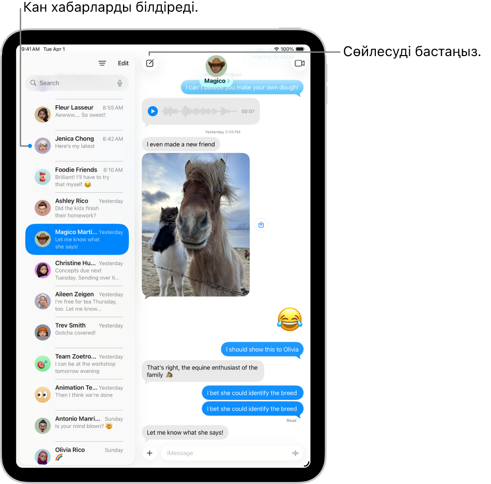 Сол жақта «Хабарлар» сұхбаттар тізімі және оң жақта сұхбаттың транскрипті бар. Оқылмаған хабарлар көк нүктемен белгіленген.
