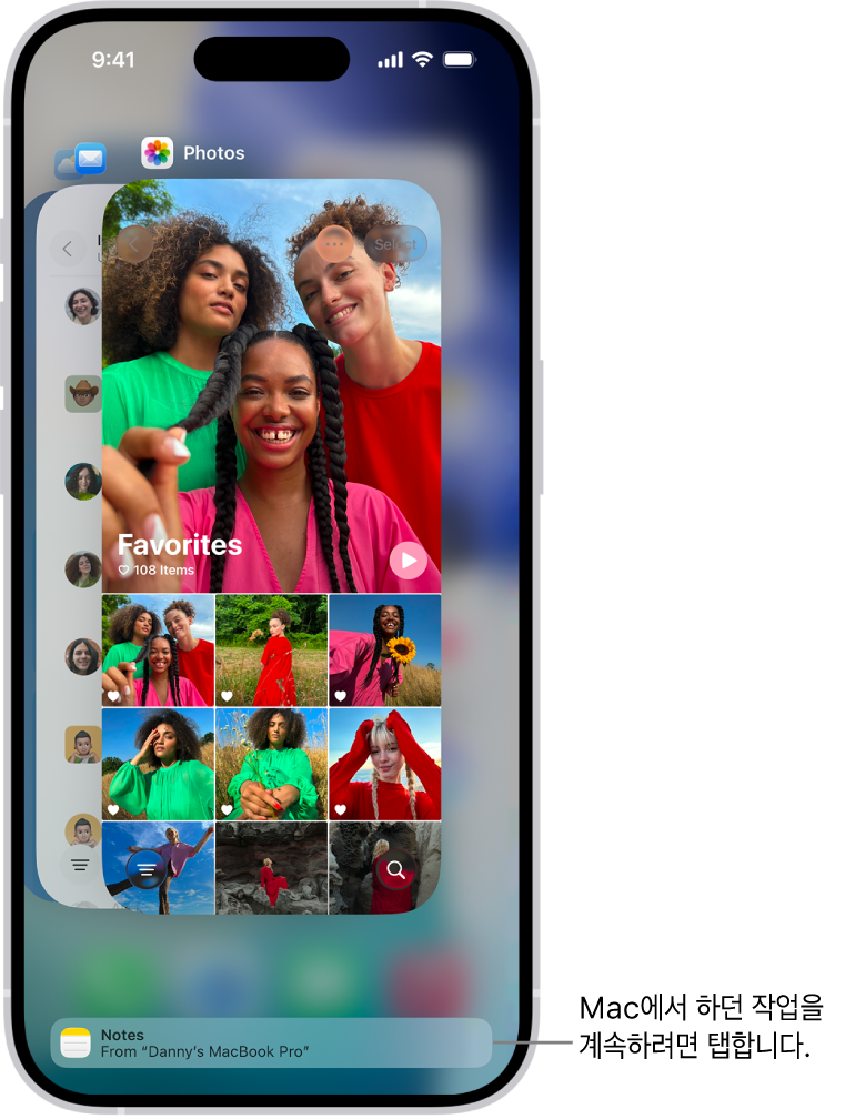 화면 하단에 Handoff 알림이 표시된 iPhone의 앱 전환기.