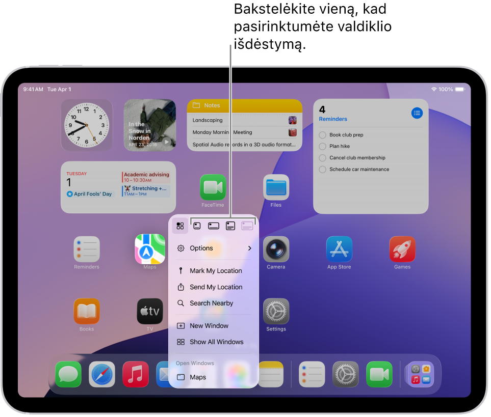 Pradžios ekranas, kuriame rodomas programos iškylančiojo lango meniu, naudojamo pakeisti programos piktogramą į programos valdiklį.